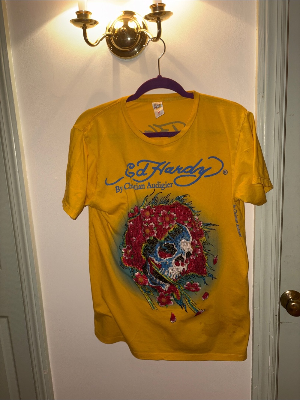 Ed Hardy Yellow Graphic Skull & Red Floral Crewneck Tee